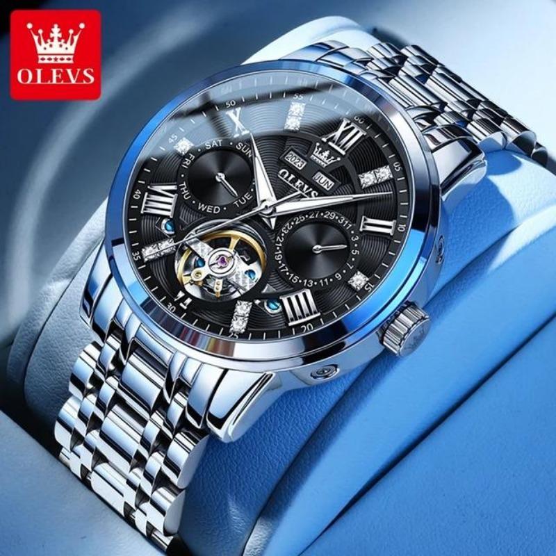 OLEVS Originální automatické mechanické náramkové hodinky pro muže s displejem týdne a měsíce z nerezové oceli vodotěsné business hodinky
