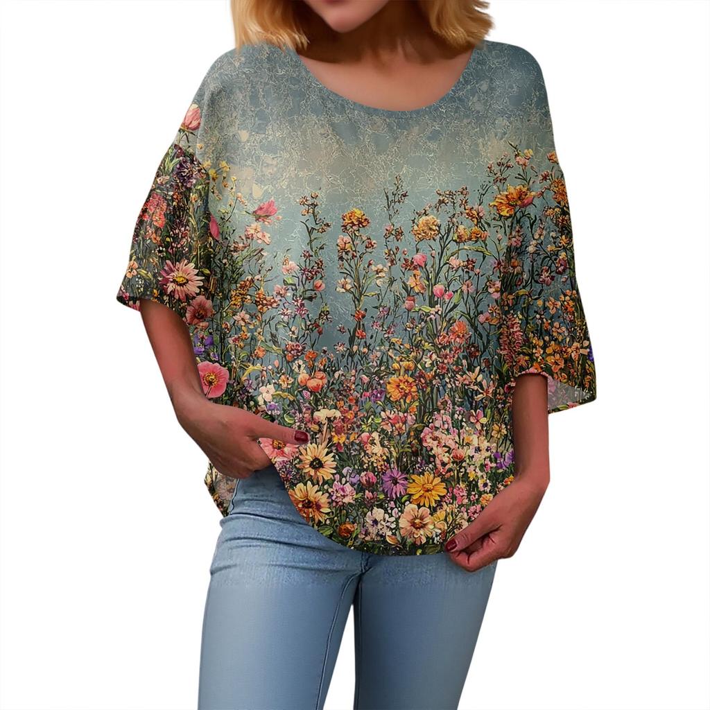 Summer Tops For Women Cute V Neck 3/4 Sleeve Blouses Floral Print Top Casual Shirts