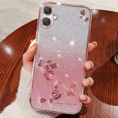 Phone Case For Samsung Galaxy A06, A05, A04, A04e, F04, M04 Flash Pink Flower Transparent Shock Protection Luxury Diamond Shining Protective Cover