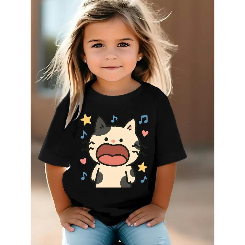 European Sizes Adorable And Playful Kitten Graphic Tee with a Round Neckline for Girls, Fashionable And Cozy, Ideal for Outdoor Activities