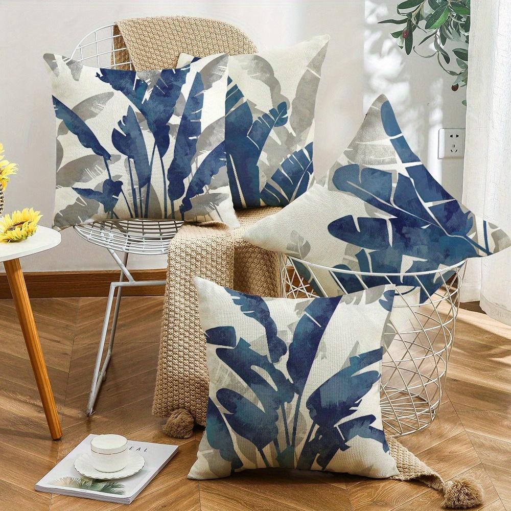 4 fundas almohada mornas con estampado hojas tropicales y cremallera - Decoración azul marino y botánica, fundas poli