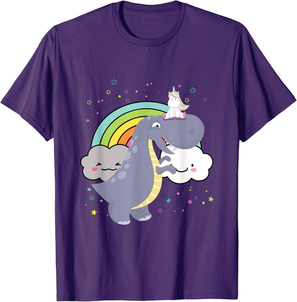Dinosaurier reitet Einhorn Regenbogenwolken Grafik T-Shirt Lässiges Kurzarm Baumwoll-T-Shirt