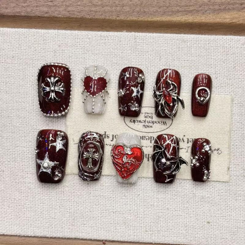 Handmade Gothic Dark Red Metal Embellished Nail Art Tips Women Teens - Cross Tulip Floral Leopard Star Design
