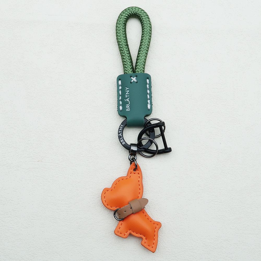 Handmade French Bulldog Genuine Leather Keychain with Anti-Lost Woven Rope Lanyard.