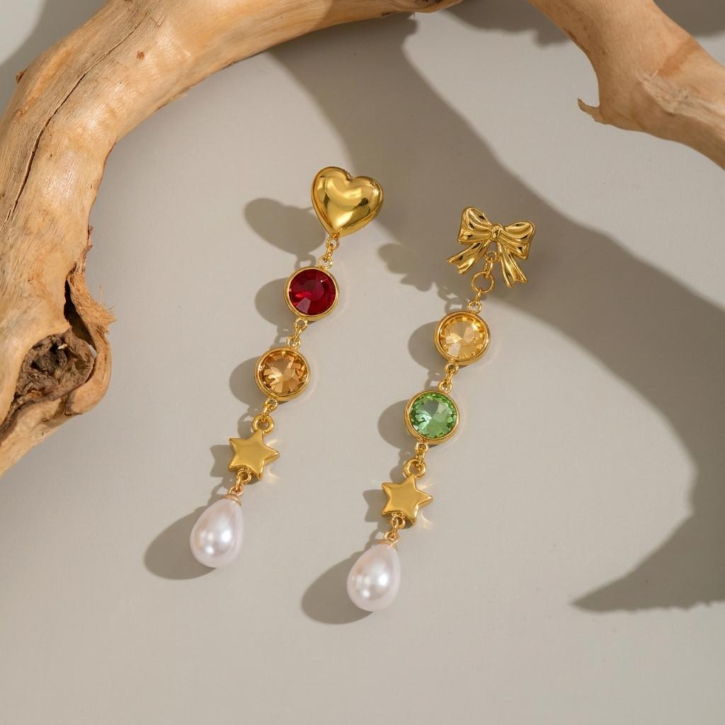 Stainless Steel Butterfly Heart Earrings for Women Colorful Crystal Imitation Pearl Tassel Long Drop Jewelry Party Accessories