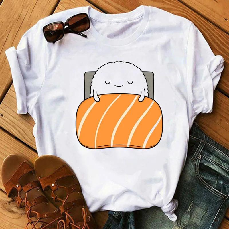 Cute Sushi hug Women T-shirts Summer black Short Sleeve T shirt girl femme O-Nock Kawaii Clothing Top tee Ladies Harajuku Tshirt