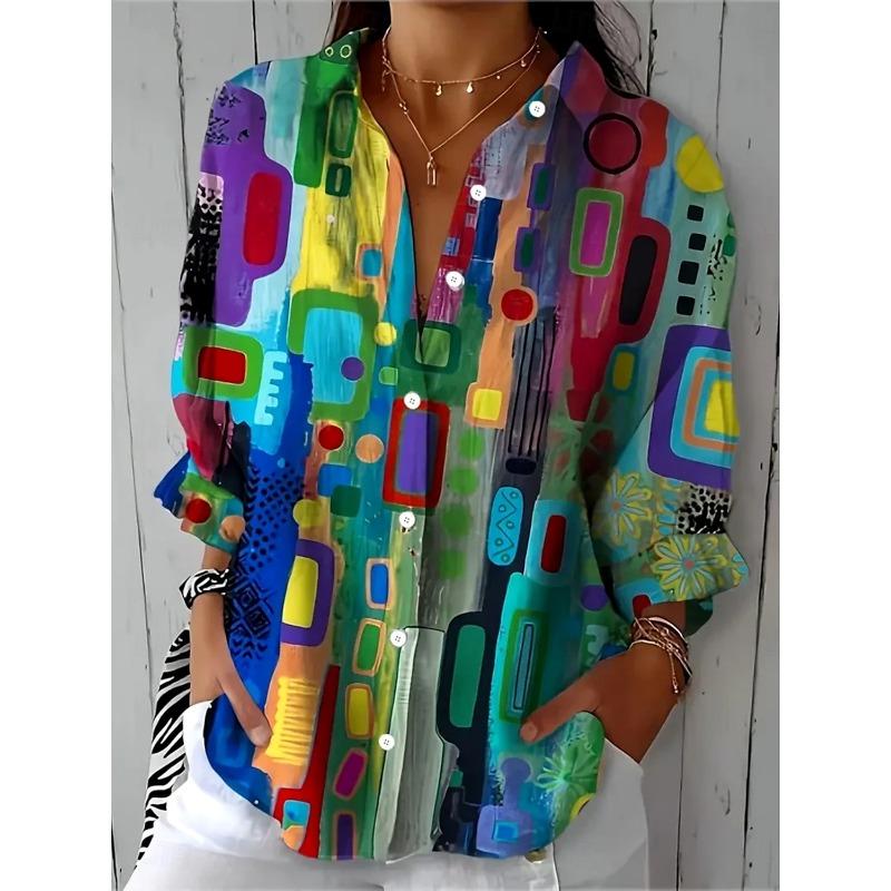 Women's Shirts Graphic Geometric Stylish Casual Long Sleeved Shirt Collar Regular Tops Daily Going Out Buttons Women's Clothing