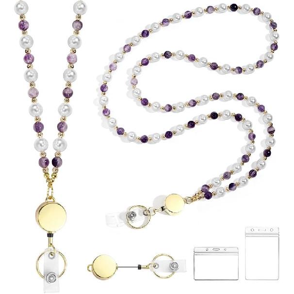 Retractable Pearl ID Badges and Key Lanyards, Natural Crystal Handmade Beaded Teacher Women's Lanyards