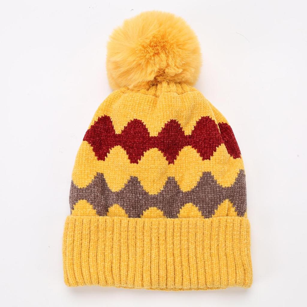 Women's Autumn Winter Plush Warm Knit Hat Chenille Soft Wave Wool Ball Wool Hat