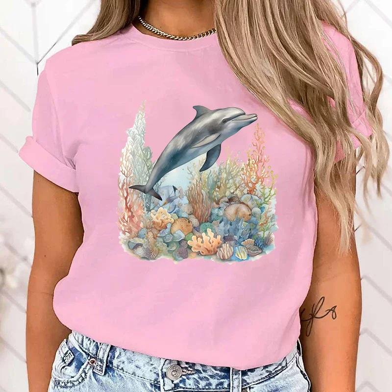 Premium T-shirt Funny Dolphin Print T-Shirts For Women Summer Round Neck Tee Shirt Femme Fashion Casual T-Shirts Fast Delivery