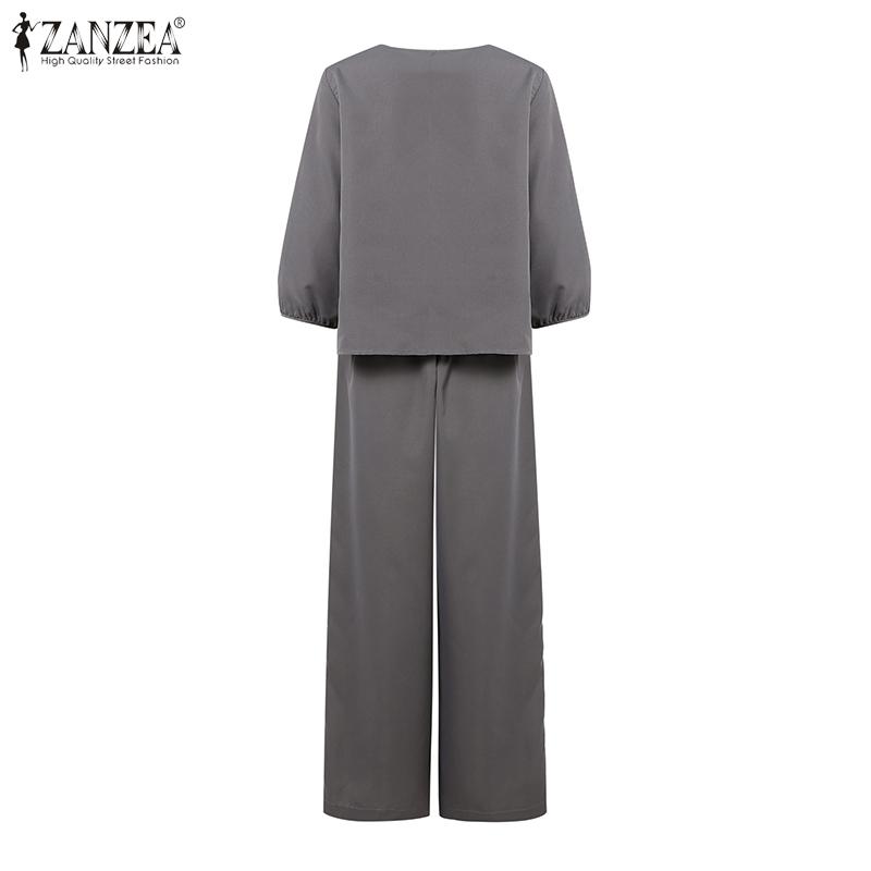 ZANZEA Women 3/4 Sleeve Print Blouse and Pants Casual Two Piece Suit Sets