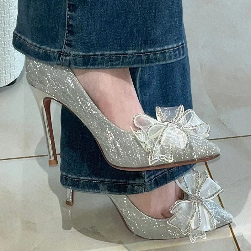 High heels women's new silver wedding shoes rhinestone sequined bow stiletto 18-year-old adult gift shoes
