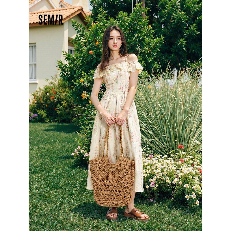 

Senma Dress Women s Heavy Industry Floral Pastoral Style Holiday 2025 Suspender Skirt Light Spring Dress in Light White 00311 155/80A/S