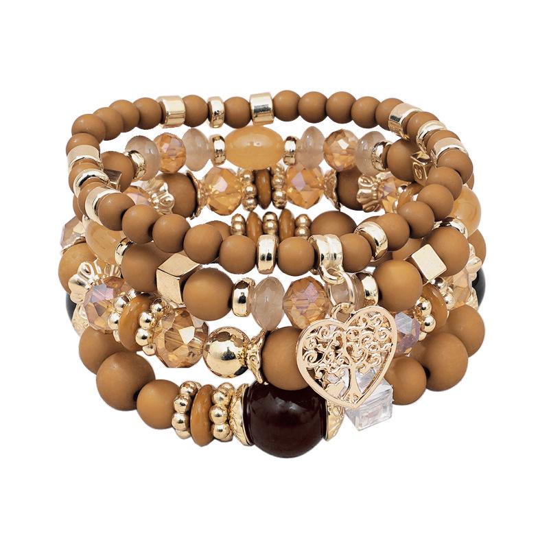Bohemian Ethnic 4-Piece Bracelet Set: Multi-Layer Stackable with Peach Heart Tree Pendant & Acrylic Beads.