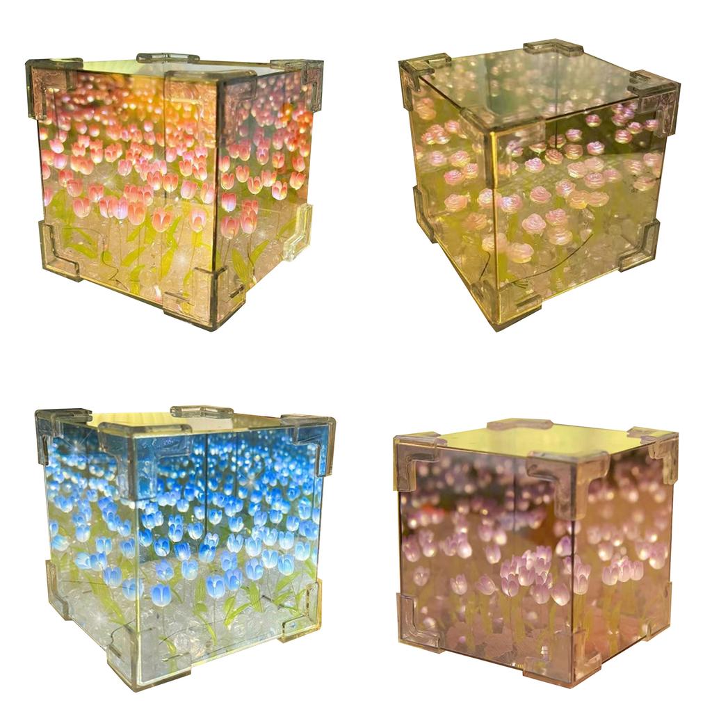 Handcraft Lover DIY 21Pieces 3D Tulips Night Lamp and Mirror 2 In 1 Kits Handmade Flowers Night Light Set Desktop Decors