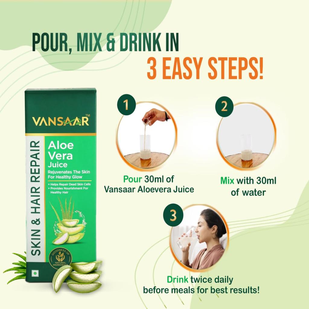 Vansaar Aloe Vera Juice 1 L Natural Cold Pressed With Pulp For Skin Glow Hydration Hair Nourishment Daily Health Drink