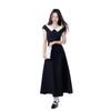 Black Collegiate Short-sleeve Dress for Women, New Summer Elegant, Waist-cinching, Slimming, French Long Skirt