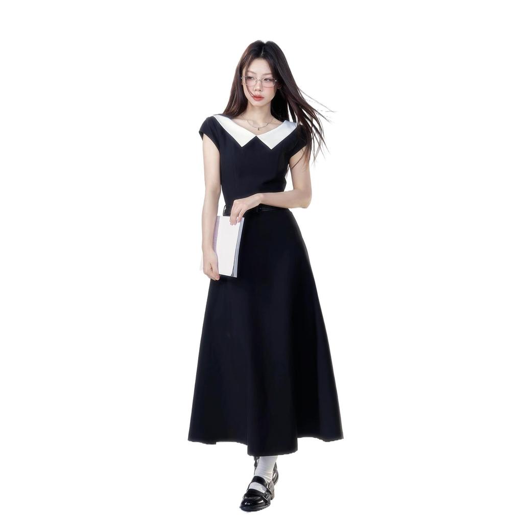 Black Collegiate Short-sleeve Dress for Women, New Summer Elegant, Waist-cinching, Slimming, French Long Skirt