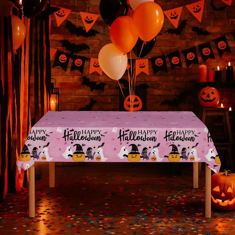 Pumpkin Ghost Pattern Halloween Tablecloth Halloween Theme Plastic Disposable Table Cover Pink Table Runner Table Decoration