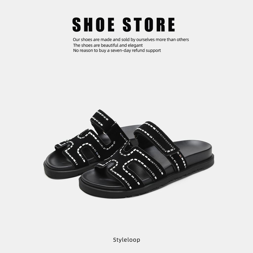 European and American Color Matching Rhinestone Second Uncle H Slippers Women Wear Velcro Flat-bottomed Beach Lazy Thick-bottomed Sandals