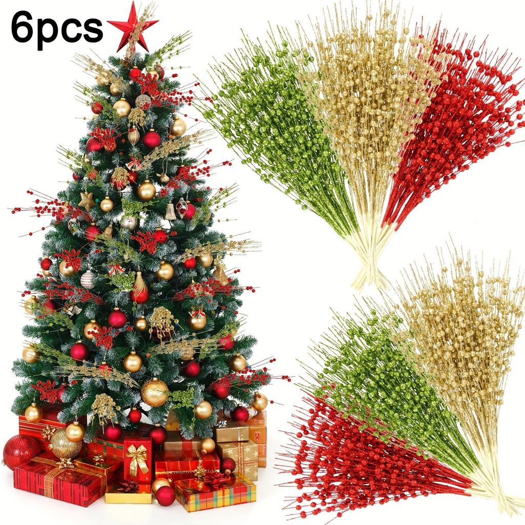 6/12Pcs Glitter Artificial Berry Bouquet Christmas Decoration Xmas Tree Ornaments for Home Room Vase Decor New Year 2026 Gifts