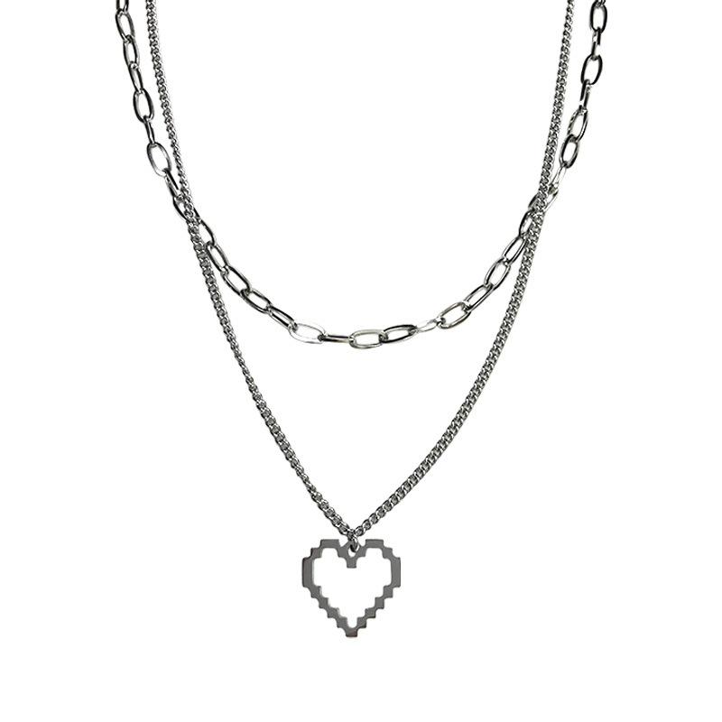Necklace ins Double Necklace Collarbone Chain Hip Hop Trendy Men Titanium Steel Necklace Mosaic Peach Heart Sweater Chain