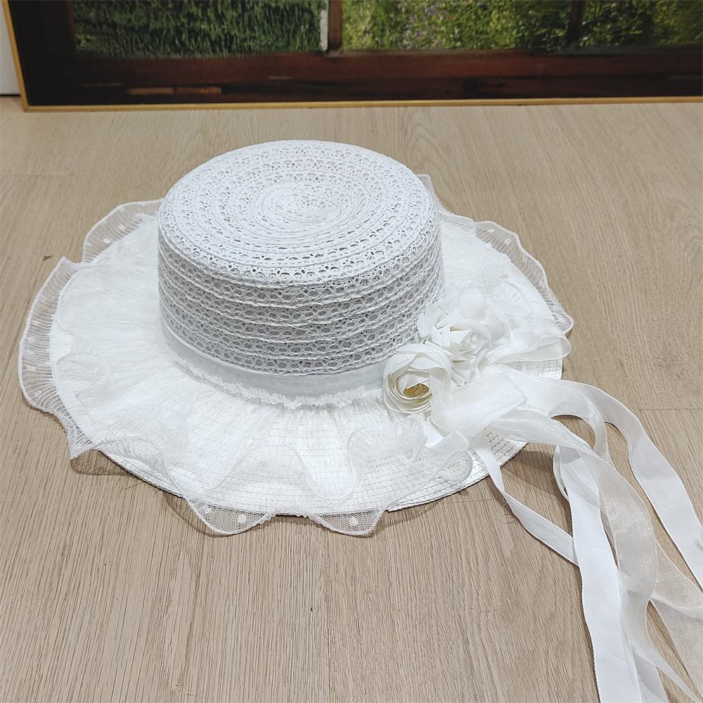 2025 new style flower decoration fresh ladies summer straw hat flat top large brim sun hat beach French elegant wedding hat
