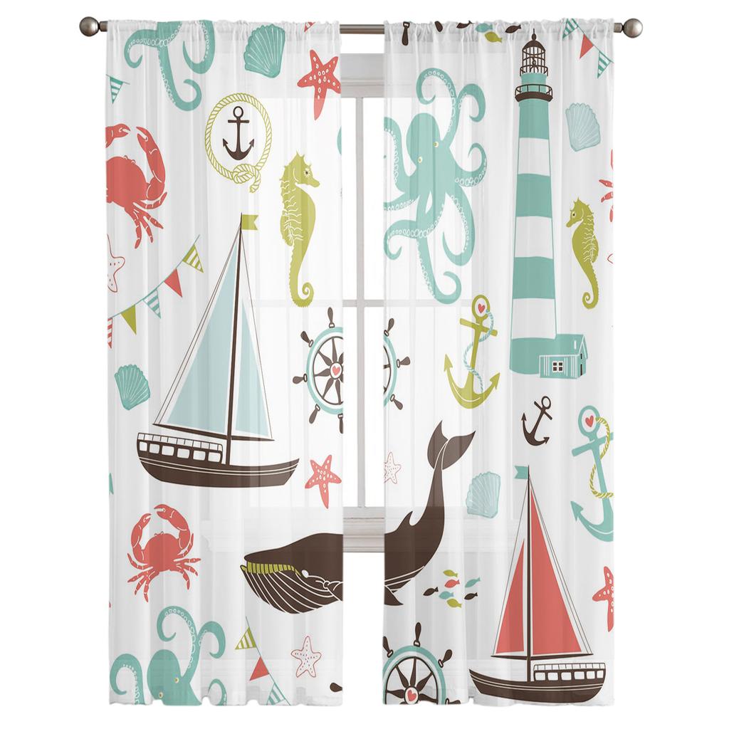 Whale Sailing Octopus Seahorse Lighthouse Chiffon Sheer Curtains for Living Room Bedroom Decor Window Voile Tulle Curtain Drapes