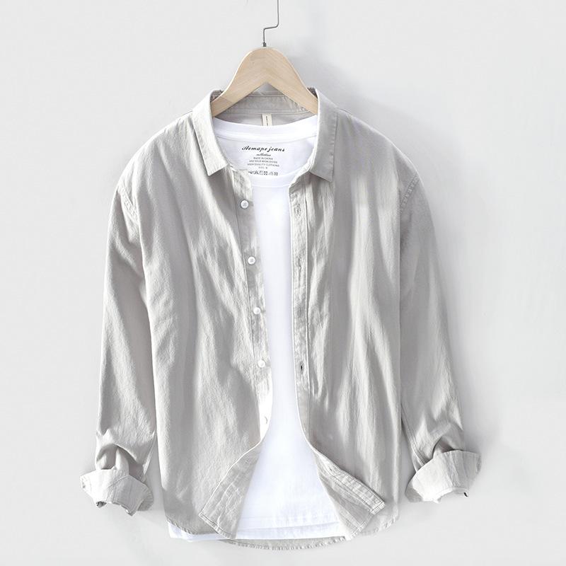 

Man Summer Thin Linen Shirt Chic Long Sleeve Top Youthful Japanese Style Cotton Linen Cardigan Shirt S світло-сірого кольору