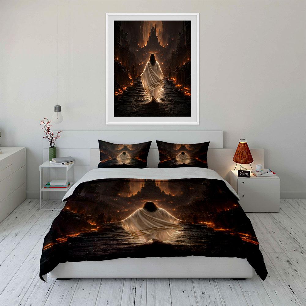 Figure facing flaming castle. Bedding sets Duvet cover sets Duvet covers Pillowcases(1*Duvet Cover 2*Pillowcases without duvet insert)