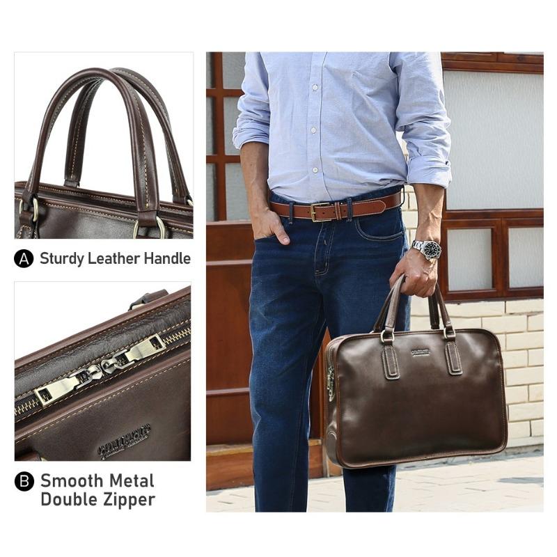 Men Full Grain Waxed Leather Briefcase Fits 14 Inch Laptop Business
