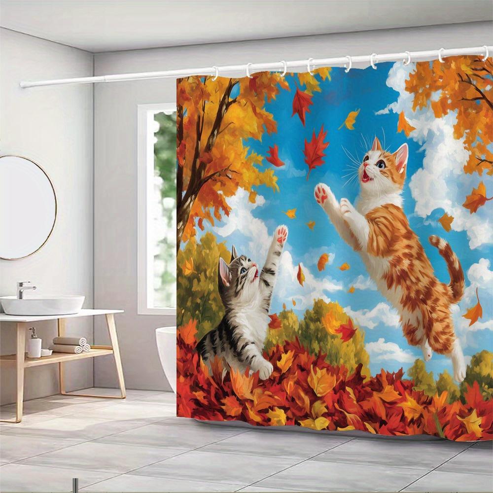 Playful Cats In Autumn Leaves Waterproof Mildew-Resistant Shower Curtain - Seasonal Design for a Cozy Bathroom Décor Experience