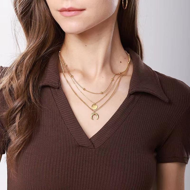 Titanium Steel Multi-layer Moon Disc Pendant Necklace Female Retro Style High-end Temperament Stacked Collarbone Chain