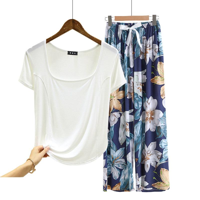 Fashion U Nek Tshirt and Floral Wide leg pants Summer fashion homewear 2pcs suit Loose Casual pajamas set comfort loungewear plus size