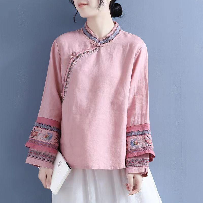

Female Spring/Fall Embroidered Long-Sleeve Stand-Up Collar Wrap-Front Button-Down Cotton-Linen Blouse: Chinese-Style Retro Shirt XS розовый