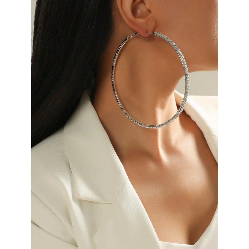 1 Pair Unique Exaggerated Large Hoop Earrings for Women, Fashionable Rhinestone Embellished Big Circular Ear Rings