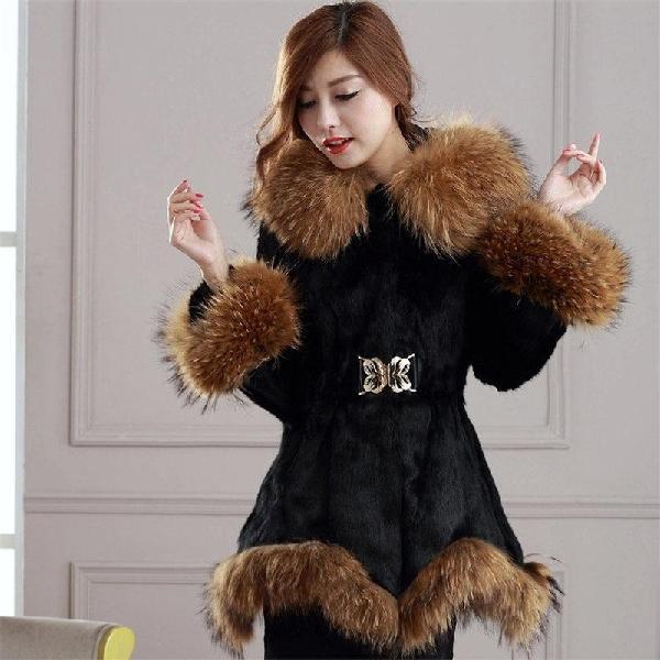 Fluffy Coat Autumn and Winter Faux Fur Coat Women Mid-length Warm Hooded Coat with Faux Fox Fur Collar Plus Size