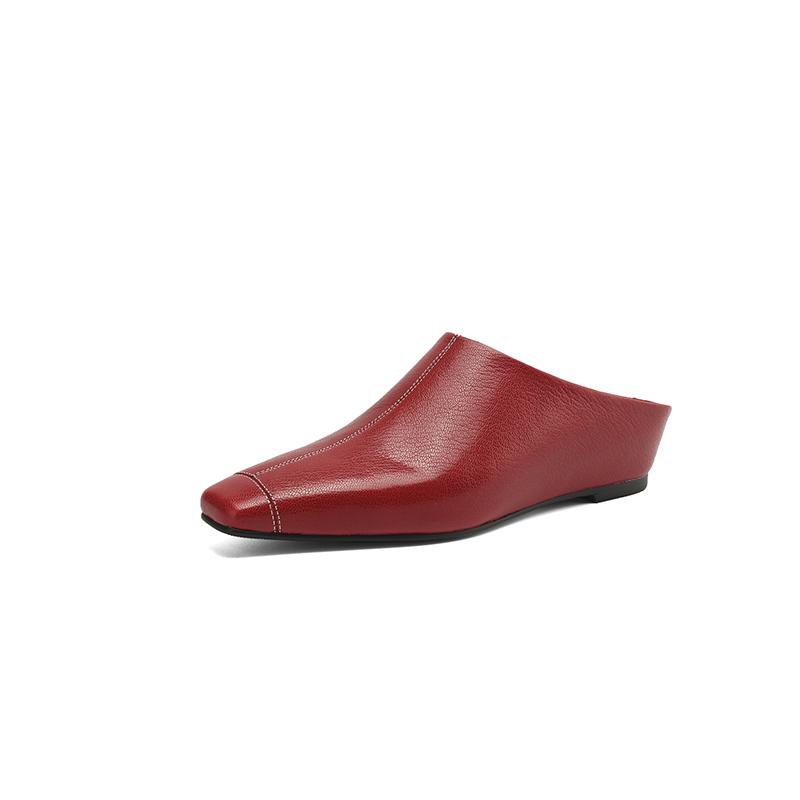 Fashion NEW Summer Women Mules Genuine Leather Shoes for Women Cover Toe Height Increasing Slippers Square Toe Concise Sewing Sandals