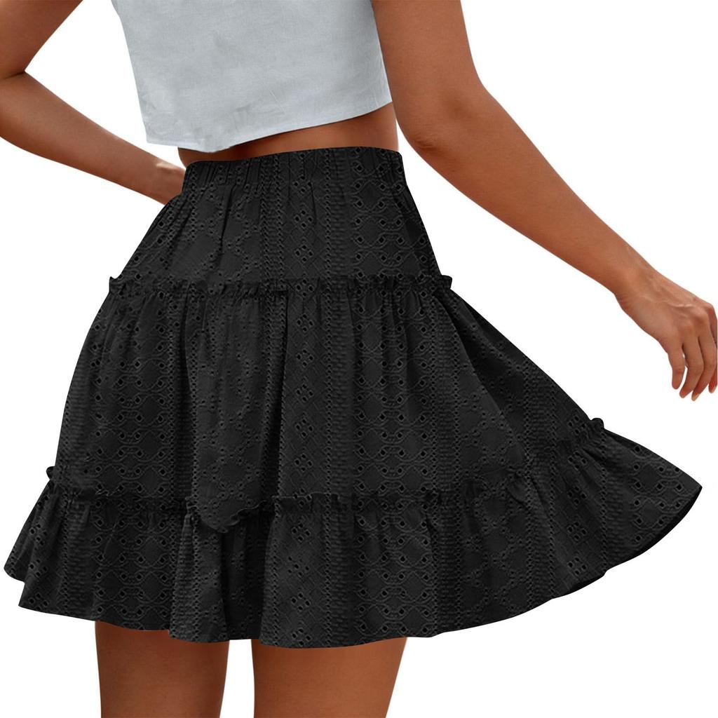 Women’s High Waist Tiered Mini Skirt with Elastic Waistband and Eyelet Embroidery Flared A-Line Design for Casual Wear
