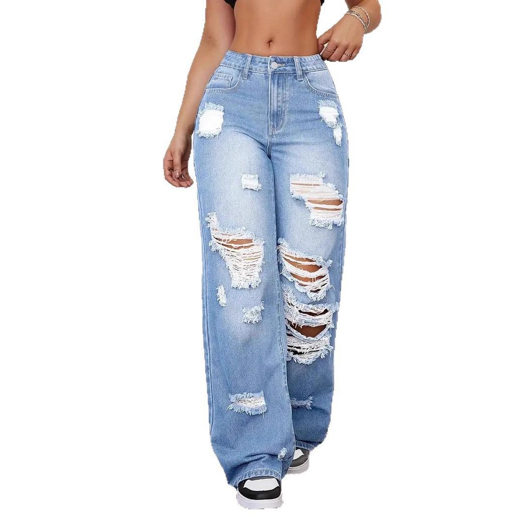 Jeans strappati vita alta dritti versatili larghi in denim donna trendy multi strappati sfilacciati vita alta gamba larga jeans