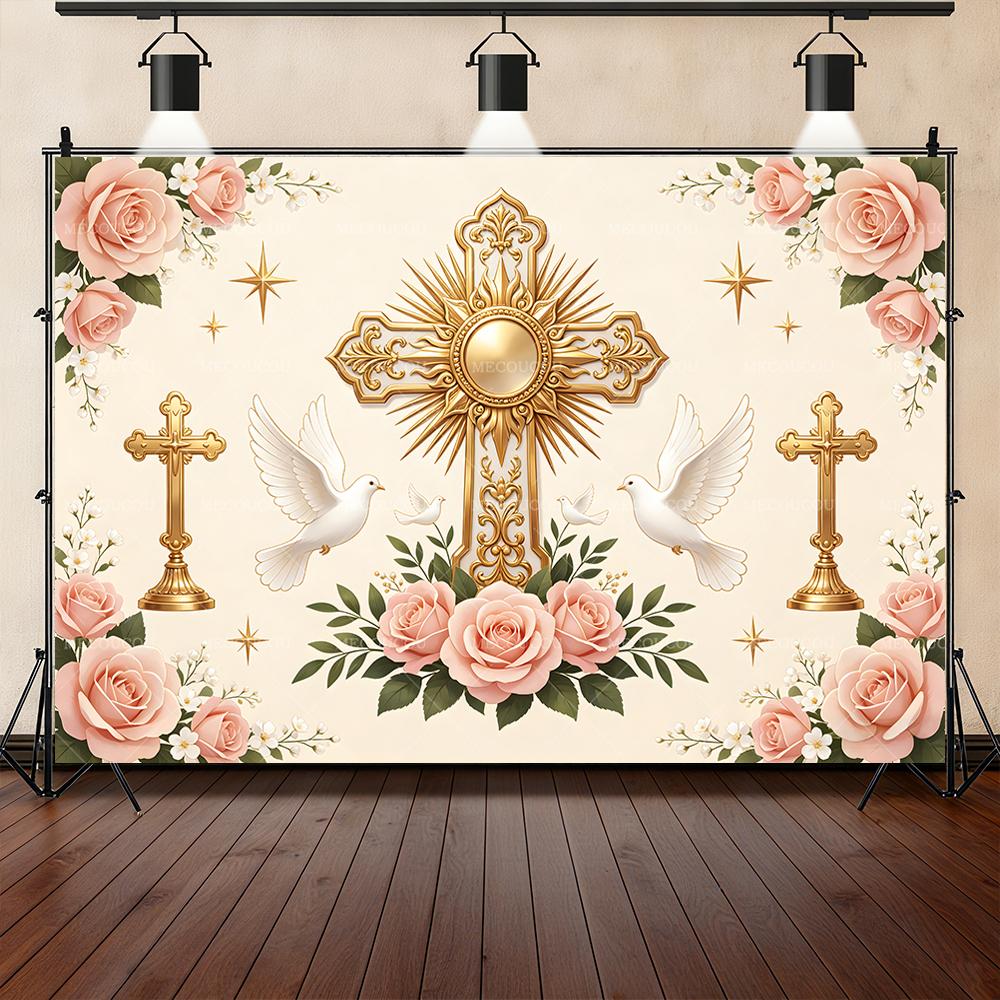 Cross Holy Grail White Dove My First Holy Communion Background Customizable Baptism Party Party DecorationArrangement Background