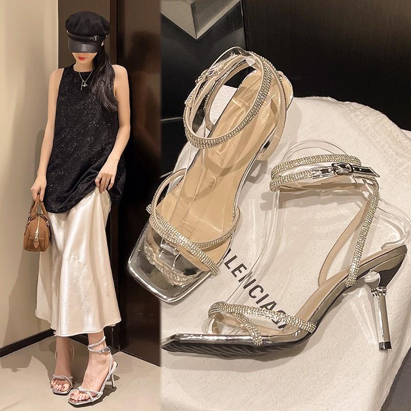 Fashion Ladies Shoes 2025 Modern Women's Sandals Ankle-wrap Party Sandals Women Crystal Narrow Band Buckle Strap Thin Heels Shoes Female
