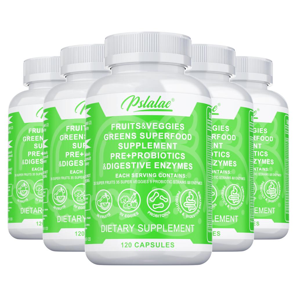 Natural fruit and vegetable blend capsules; supports gut health, aids digestion, boosts immunity; suitable for adults.
