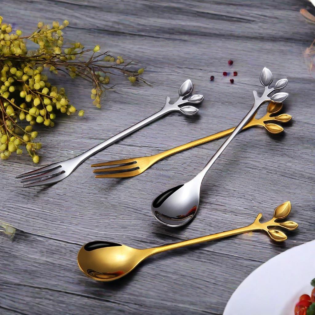 Edelstahl Blatt Löffel- und Gabelset für Kaffee, Speisen und Desserts