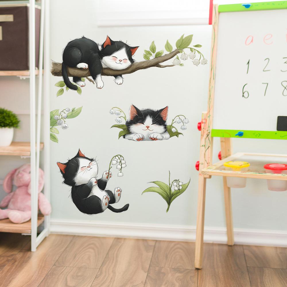 Cartoon Playing and Sleeping Cat Children's Room Bedroom Wall Beautification Stickers