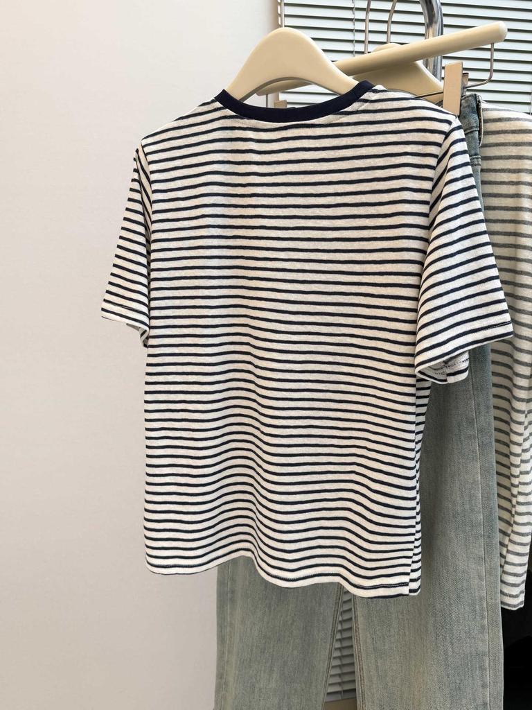 Korean Style Women's Niche Cartoon Embroidery Striped Half-Sleeve T-shirt
