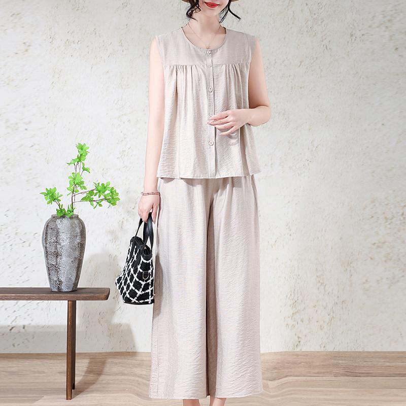 Women's Plus Size 2-Piece Set, Linen-cotton Sleeveless Button Top & Wide Leg Pants (XL-7XL)