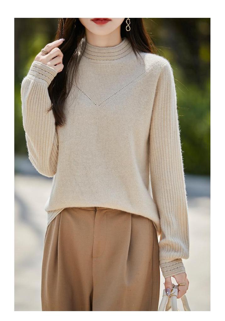Women's 100% Pure Wool Hollow Out Half High Collar Loose Sweater