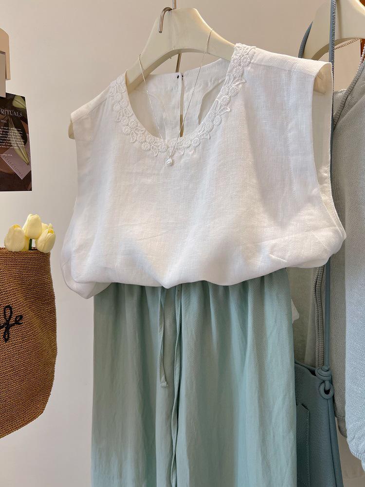 240 Jin Women's Sleeveless Lace Linen Vest – Heavy-duty, High-grade, Loose Round Neck Summer Top