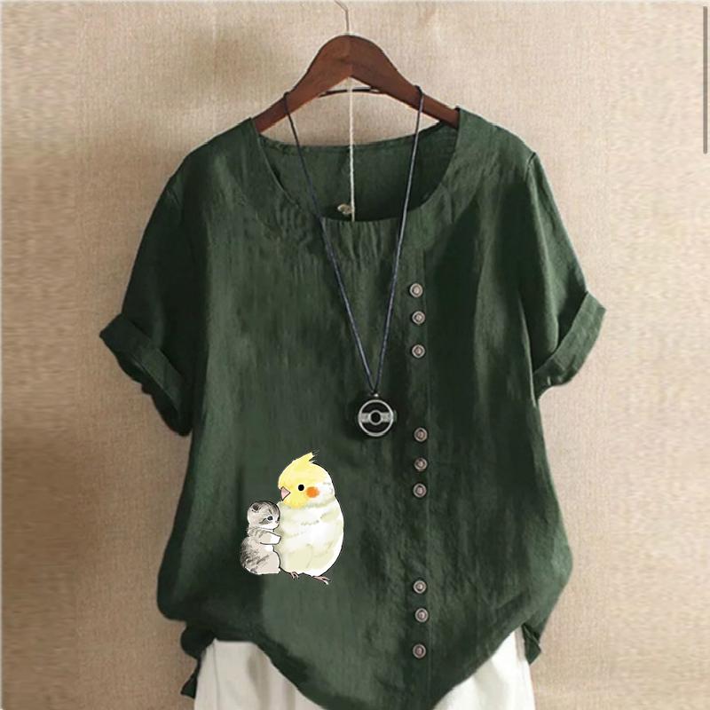 Women's Fashion Cat Parrot Prined Round Neck Short Sleeve T-shirt Casual Cotton Linen Graphic Shirt Leisure Loose Summer Blouse Tops Plus Size